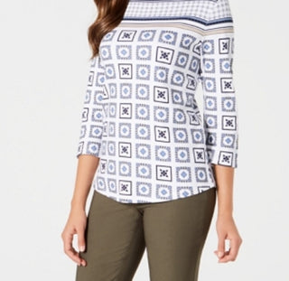 Charter Club Blusa feminina estampada com manga 3/4, branca, tamanho pequeno médio