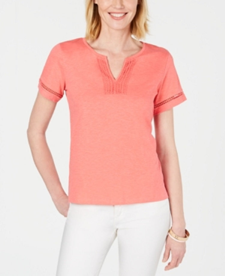 Blusa feminina Charter Club de algodão com decote dividido, coral, tamanho pequeno