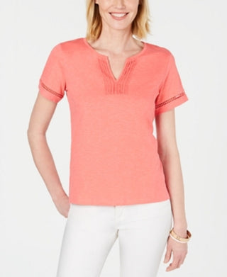 Blusa feminina Charter Club de algodão com decote dividido, coral, tamanho pequeno