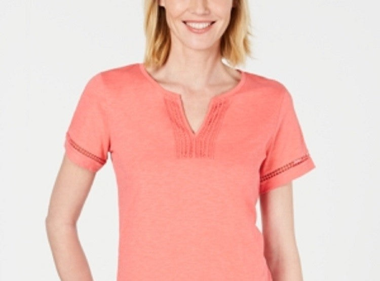 Blusa feminina Charter Club de algodão com decote dividido, coral, tamanho pequeno
