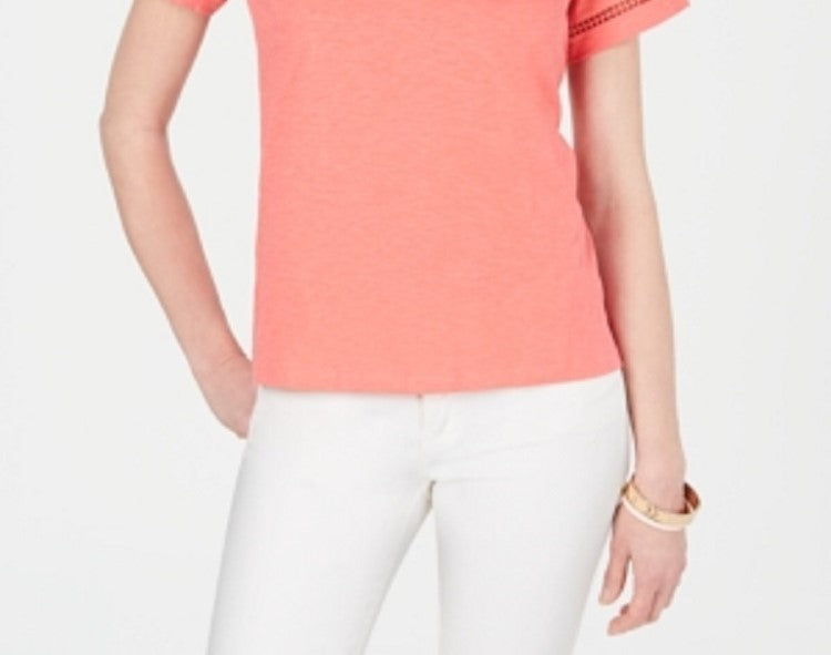 Blusa feminina Charter Club de algodão com decote dividido, coral, tamanho pequeno