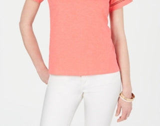 Blusa feminina Charter Club de algodão com decote dividido, coral, tamanho pequeno
