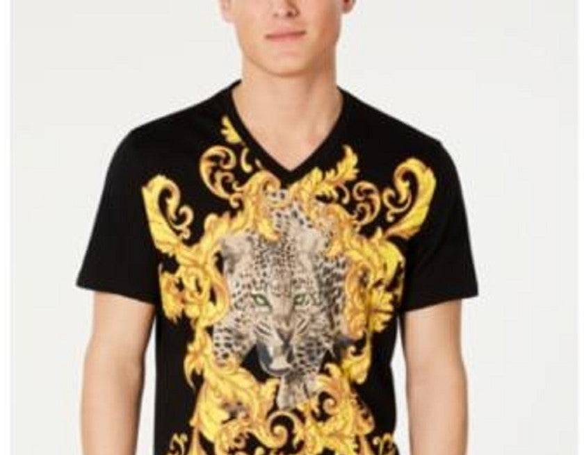 Camiseta masculina com estampa de leopardo e folha barroca da INC International Concepts, preta, tamanho extragrande