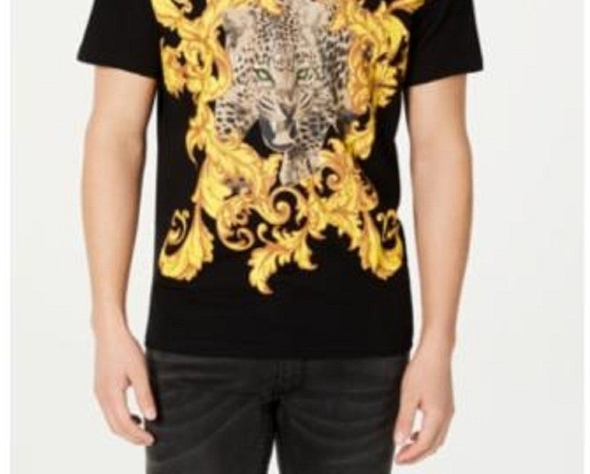 Camiseta masculina com estampa de leopardo e folha barroca da INC International Concepts, preta, tamanho extragrande