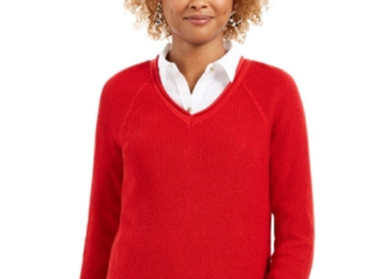 Camiseta feminina lisa de manga comprida com decote em V, tamanho pequeno, vermelha, Charter Club