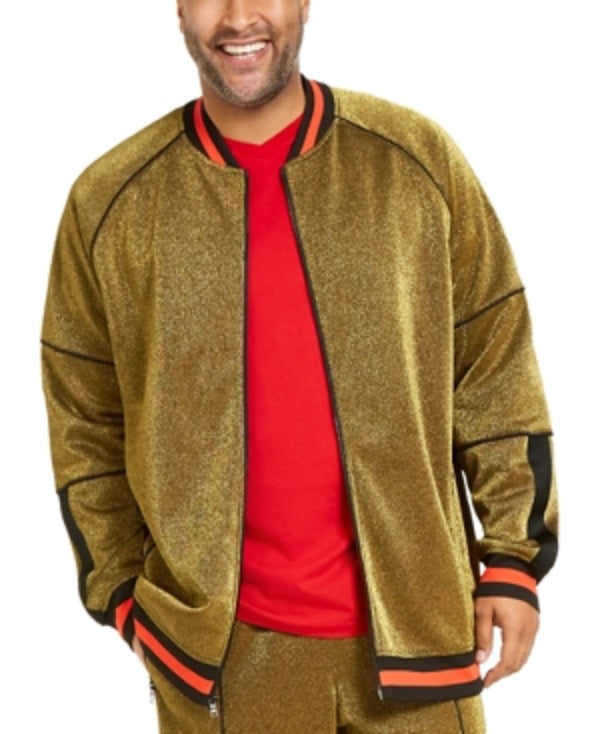 Jaqueta de corrida masculina Disco Varsity da INC International Concepts, amarela com brilho metálico, tamanho 2X