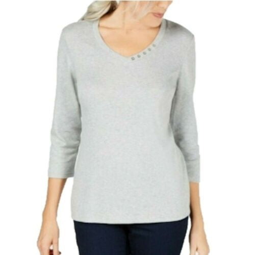 Karen Scott Blusa de algodão com decote em V feminina Gery tamanho X-S