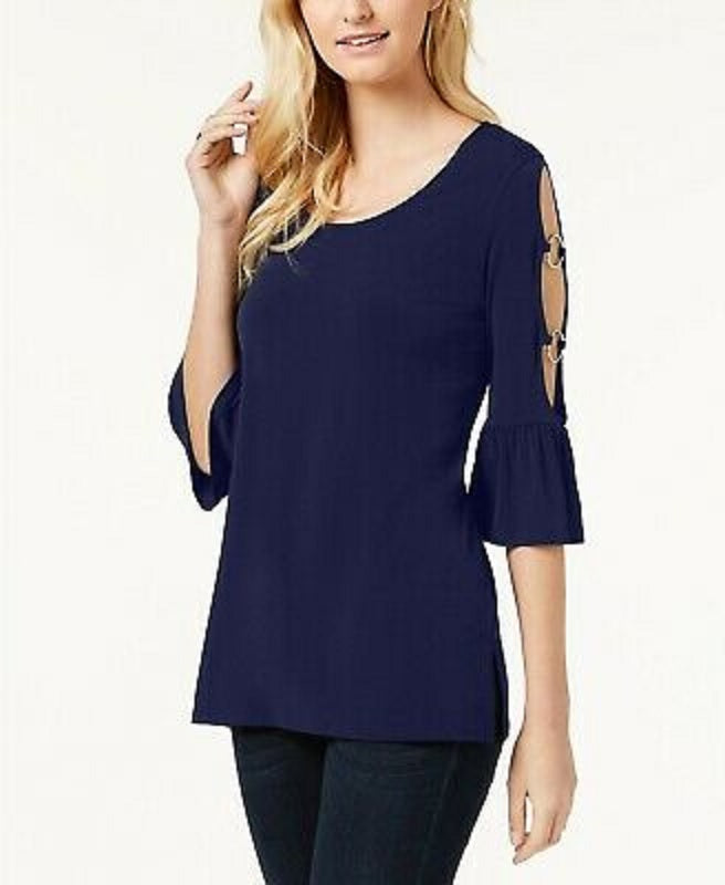 JM Collection Top Feminino com Mangas Babadas e Recorte Detalhado Azul Tamanho X-S