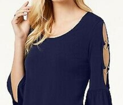 JM Collection Top Feminino com Mangas Babadas e Recorte Detalhado Azul Tamanho X-S