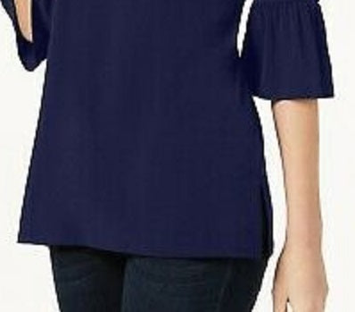 JM Collection Top Feminino com Mangas Babadas e Recorte Detalhado Azul Tamanho X-S