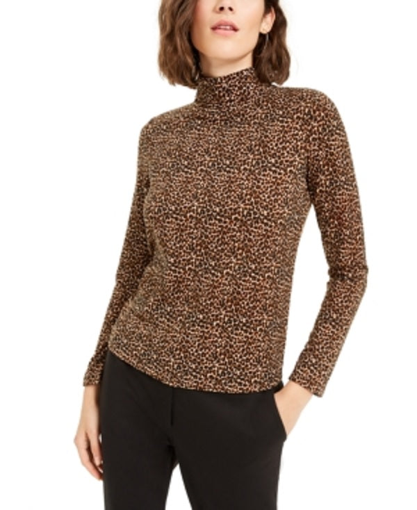 Blusa feminina Bar III com estampa animal e gola alta, trufa, marrom, tamanho médio