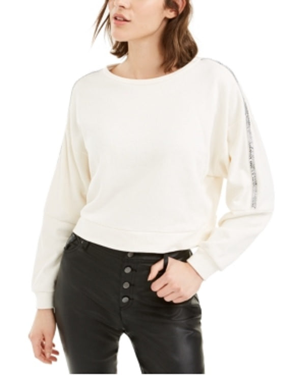 Camiseta feminina Bar III de manga comprida com gola redonda e estampa de joias, branca, tamanho XX-S