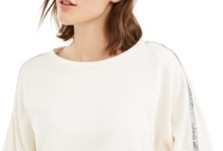 Camiseta feminina Bar III de manga comprida com gola redonda e estampa de joias, branca, tamanho XX-S