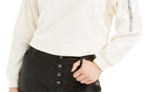 Camiseta feminina Bar III de manga comprida com gola redonda e estampa de joias, branca, tamanho XX-S