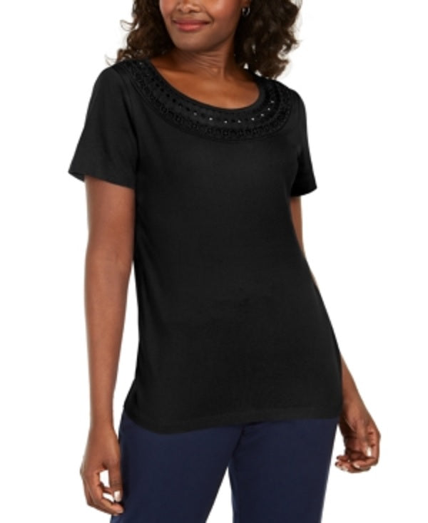 Camiseta feminina Karen Scott com acabamento em crochê e algodão, preta, tamanho X-S