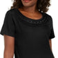 Camiseta feminina Karen Scott com acabamento em crochê e algodão, preta, tamanho X-S