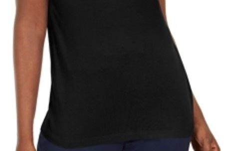 Camiseta feminina Karen Scott com acabamento em crochê e algodão, preta, tamanho X-S