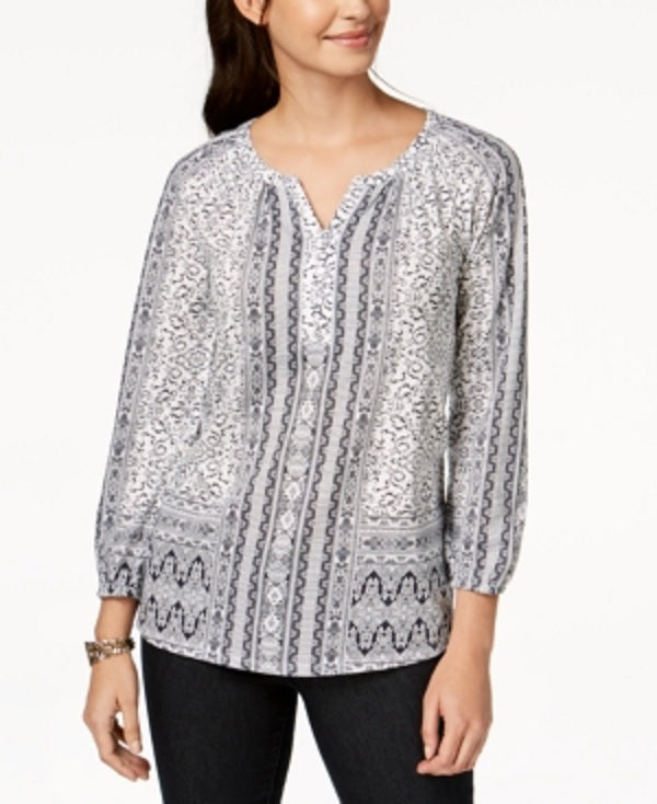 Estilo &amp; Co Feminino P Manga 3/4 Mistura de Elástico Top Branco Tamanho Pequeno P