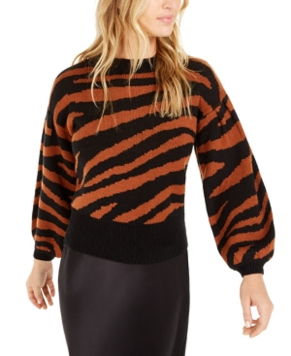 Suéter feminino Bar III com estampa de zebra e manga volumosa, laranja e gengibre, tamanho extrapequeno