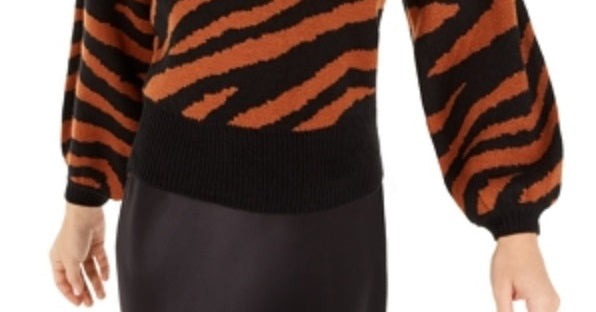 Suéter feminino Bar III com estampa de zebra e manga volumosa, laranja e gengibre, tamanho extrapequeno