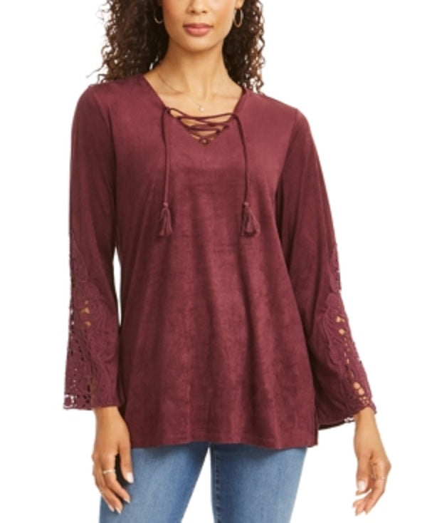 Blusa de camurça sintética com cadarço estilo &amp; co feminina, vinho, tamanho pequeno