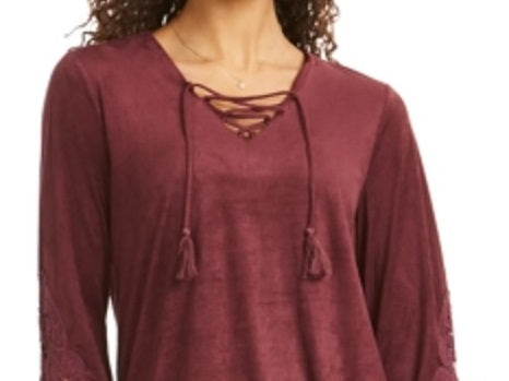 Blusa de camurça sintética com cadarço estilo &amp; co feminina, vinho, tamanho pequeno