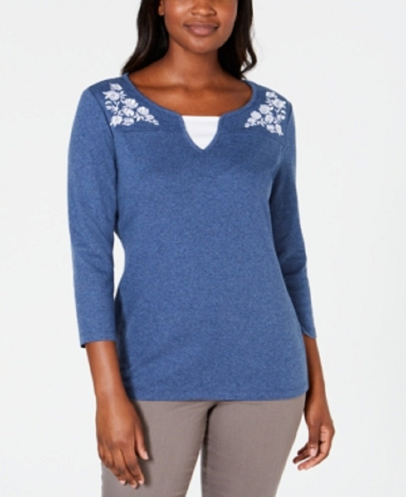 Blusa feminina Karen Scott de algodão bordado com camadas, azul, tamanho pequeno M