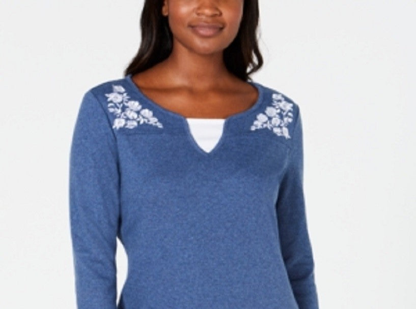 Blusa feminina Karen Scott de algodão bordado com camadas, azul, tamanho pequeno M