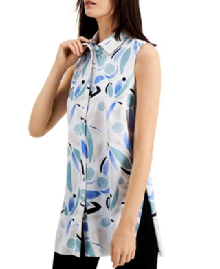 Blusa feminina Alfani com botões e estampa de malha, azul, tamanho pequeno GG
