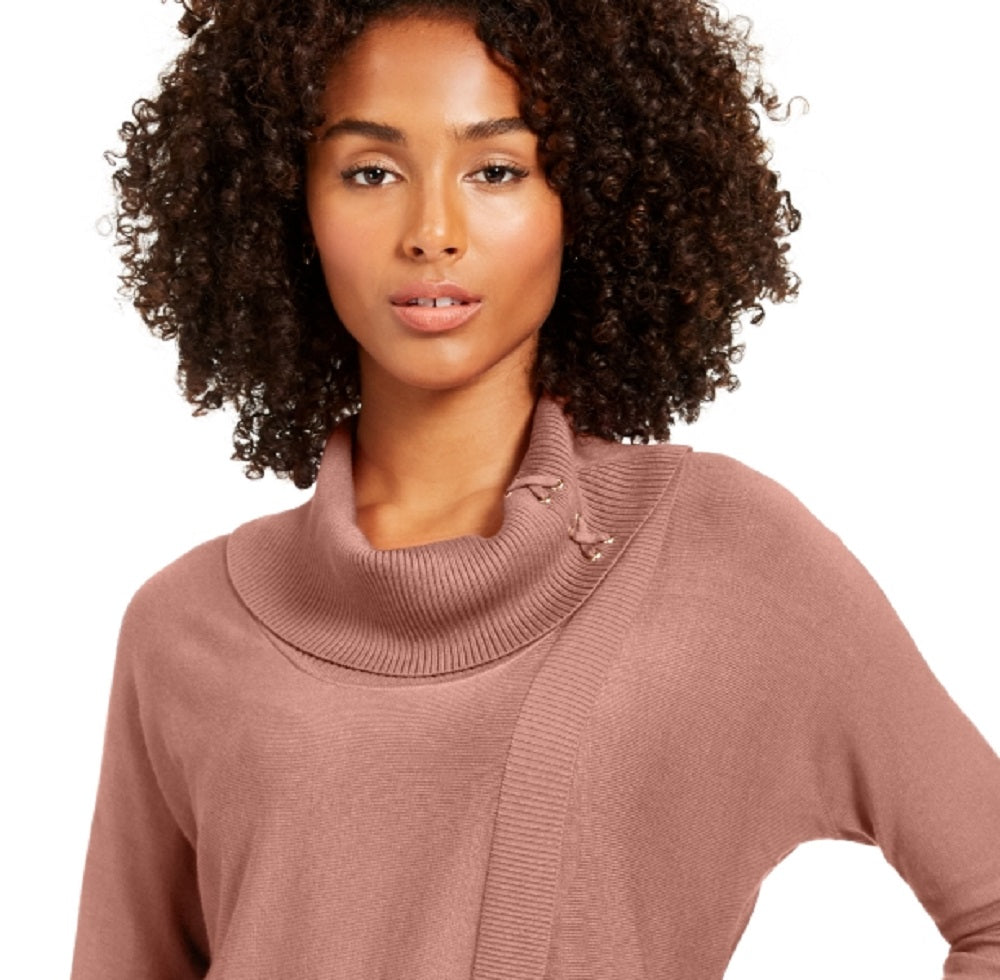 Suéter feminino JM Collection com gola alta e capuz, rosa, tamanho extragrande