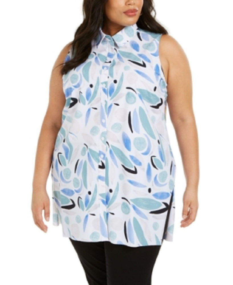 Blusa túnica feminina Alfani com estampa e botões, azul, tamanho 0X