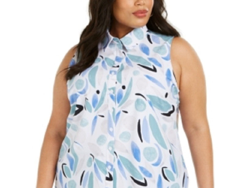 Blusa túnica feminina Alfani com estampa e botões, azul, tamanho 0X
