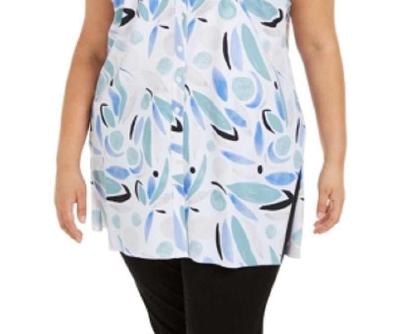 Blusa túnica feminina Alfani com estampa e botões, azul, tamanho 0X