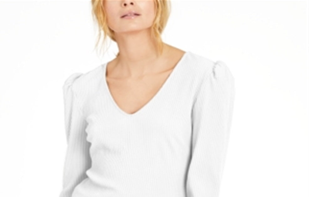 Blusa feminina canelada com ombros bufantes da INC International Concepts, branca, tamanho pequeno P