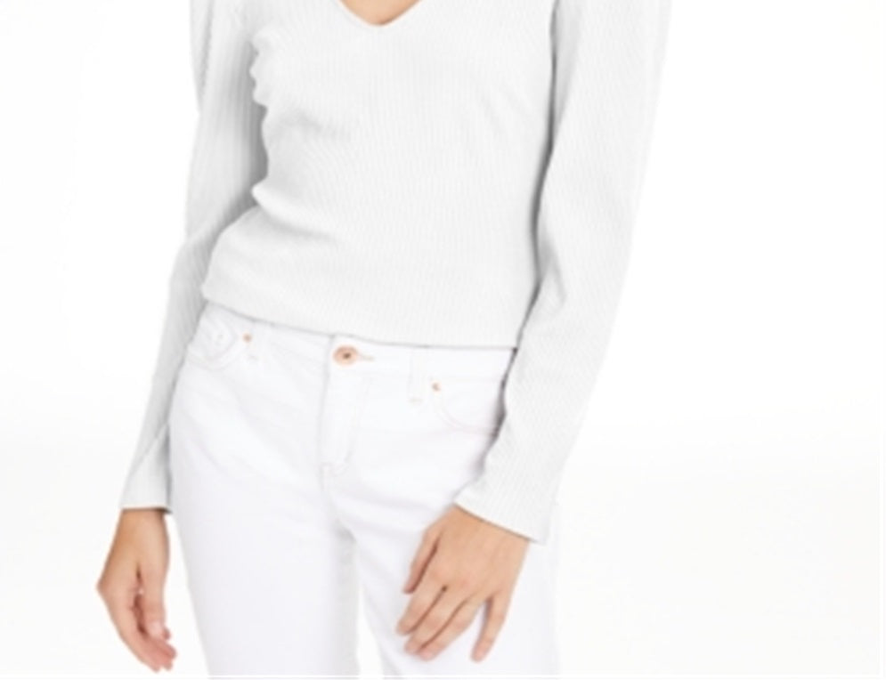 Blusa feminina canelada com ombros bufantes da INC International Concepts, branca, tamanho pequeno P