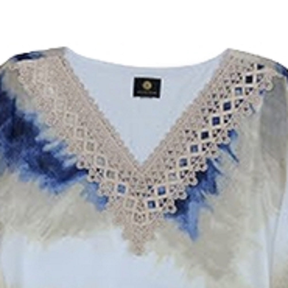 JM Collection Top poncho feminino estampado com acabamento em crochê, azul, tamanho X-S