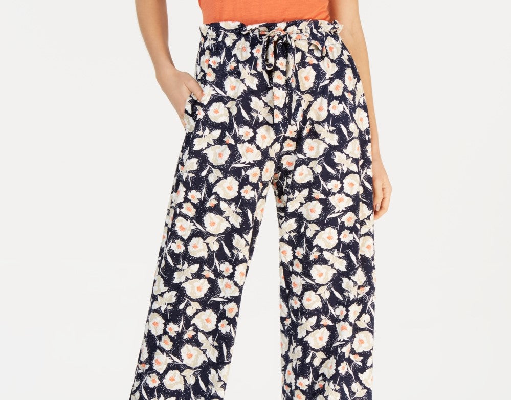 Calça feminina John Paul Richard com cordão floral, azul, tamanho pequeno G