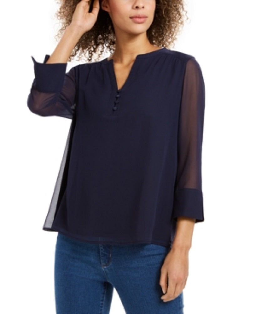Charter Club Top feminino pequeno com manga transparente, azul, tamanho P/SM