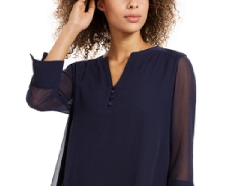 Charter Club Top feminino pequeno com manga transparente, azul, tamanho P/SM