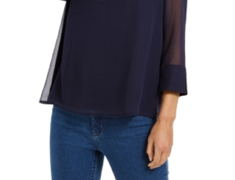 Charter Club Top feminino pequeno com manga transparente, azul, tamanho P/SM