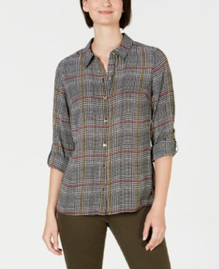Charter Club Women's Printed Button Front Roll-Tab Sleeve Top -Black Size PS