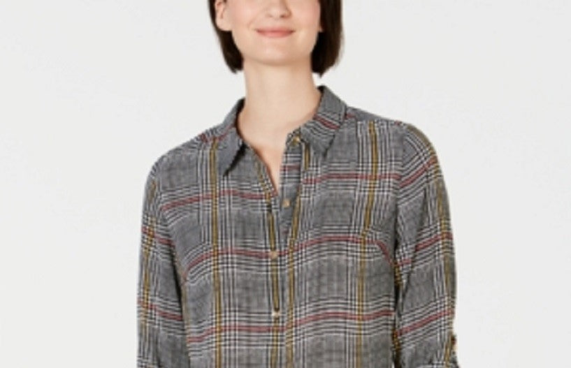 Blusa feminina Charter Club com estampa frontal de botões e mangas dobráveis ​​- preta, tamanho PS