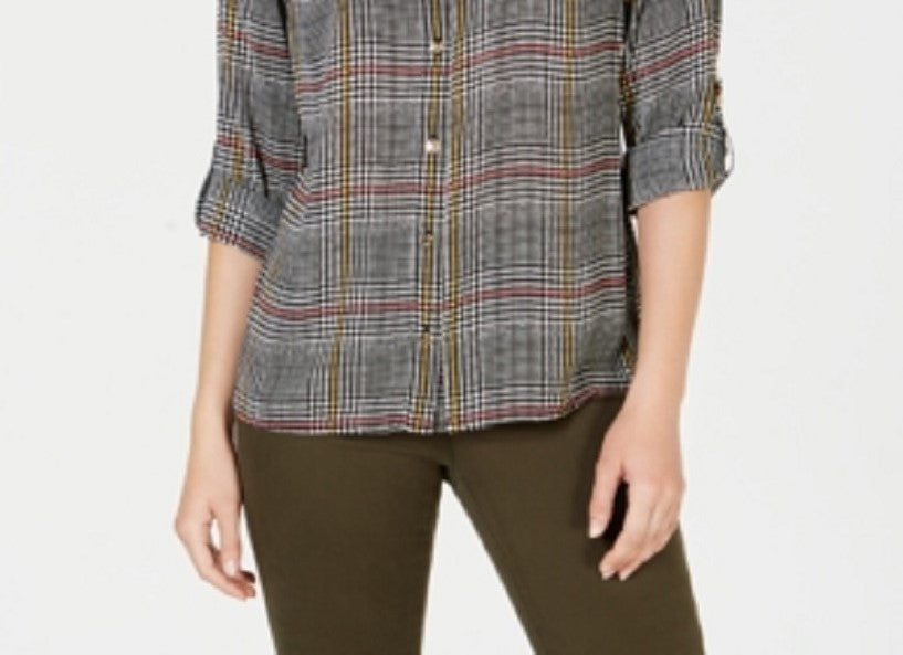 Blusa feminina Charter Club com estampa frontal de botões e mangas dobráveis ​​- preta, tamanho PS