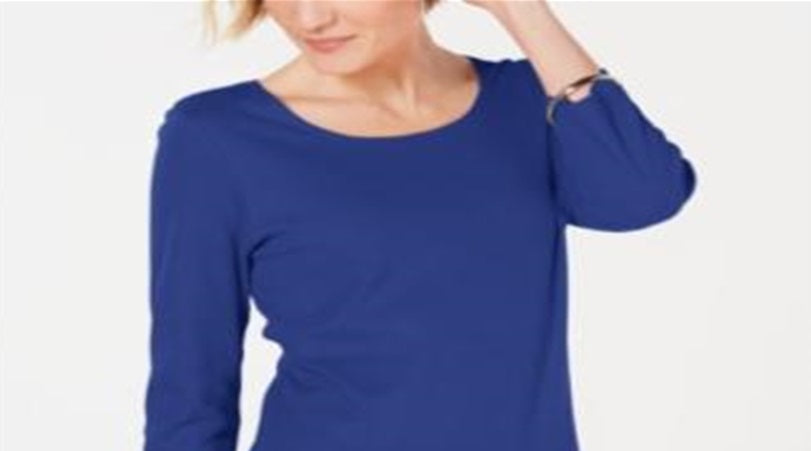 Blusa feminina Karen Scott de algodão com manga 3/4, azul, tamanho pequeno