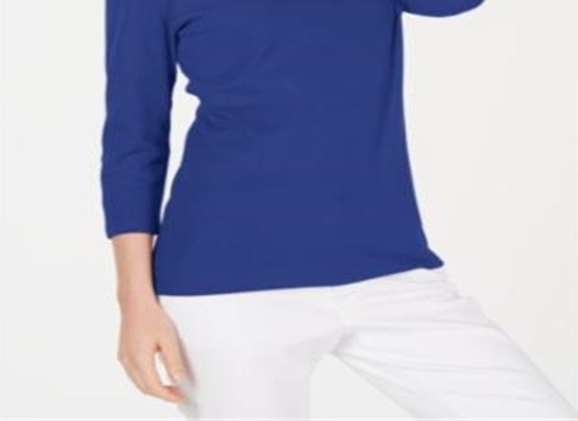 Blusa feminina Karen Scott de algodão com manga 3/4, azul, tamanho pequeno