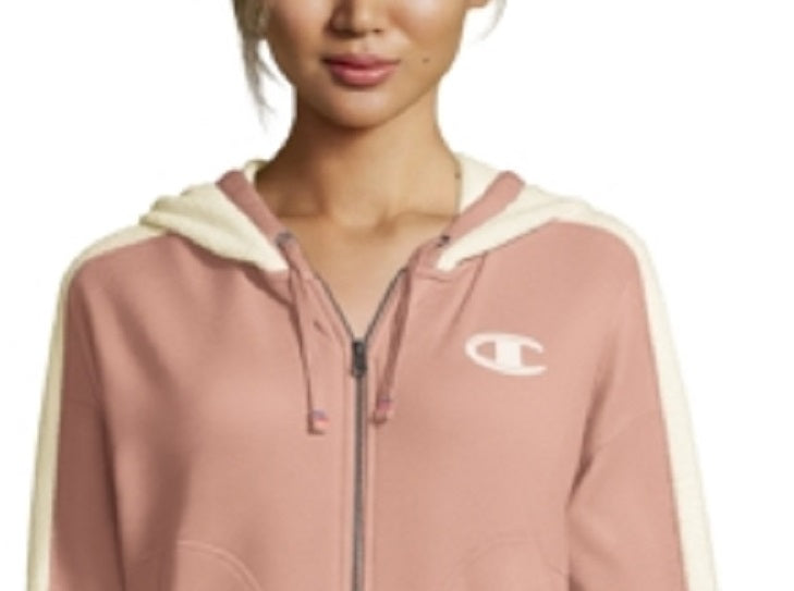 Moletom com capuz Champion Heritage Herringbone com zíper, rosa, tamanho grande, feminino