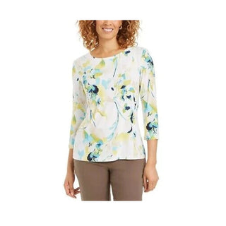 JM Collection Blusa feminina estampada com manga 3/4 e jacquard verde, tamanho GG