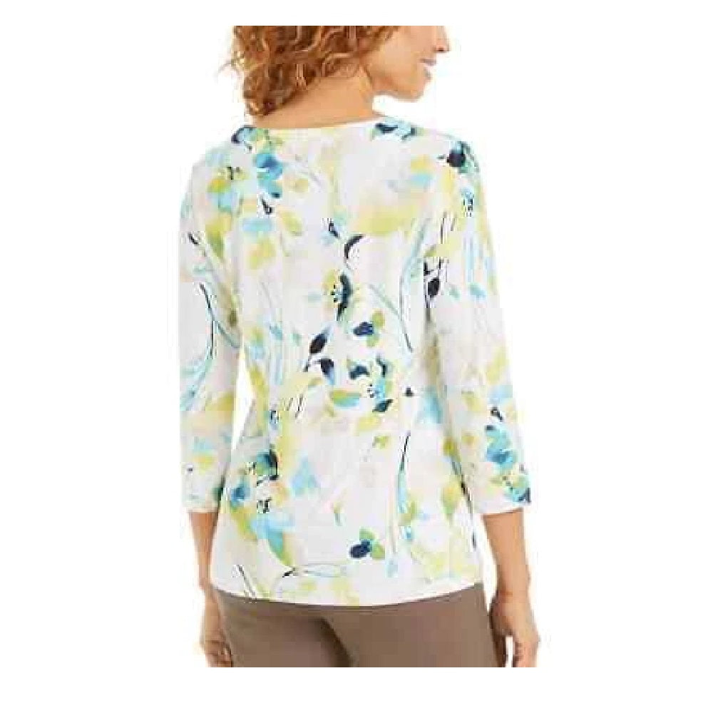 JM Collection Blusa feminina estampada com manga 3/4 e jacquard verde, tamanho GG