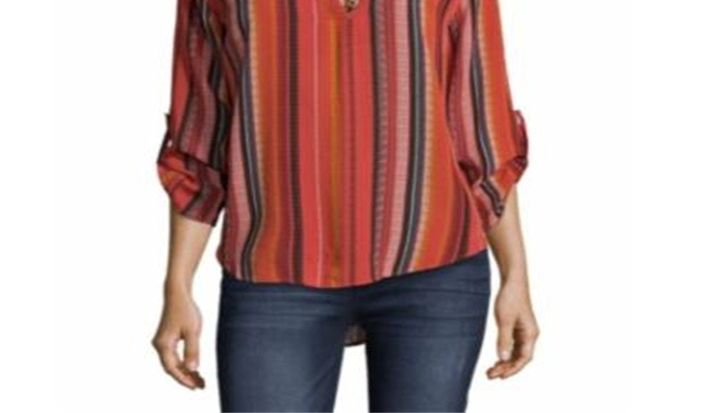 Blusa listrada feminina John Paul Richard com mangas dobradas, vermelha, tamanho pequeno XS