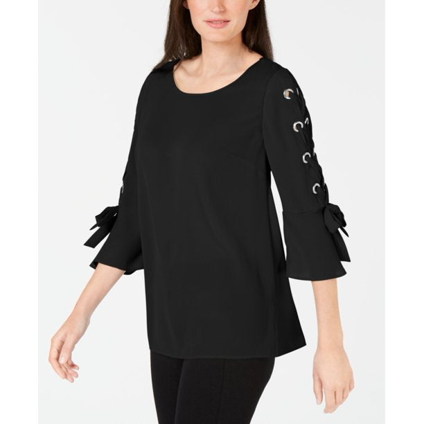 Jm Collection Top com renda e mangas ilhós, preto, tamanho XXL
